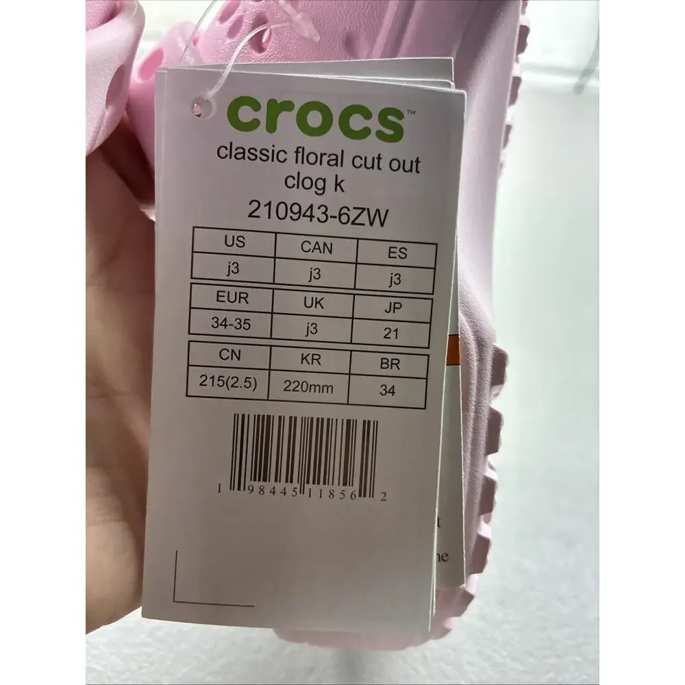 Crocs Kids' Classic Floral Cut Out Clogs Light Pink #210943-6ZW Size 3 J3 New